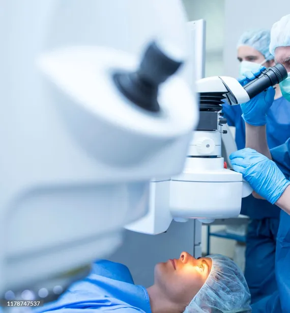 Photo d'un chirurgien ophtalmologique, regardant dans un microscope, opérant les yeux d'un patient.