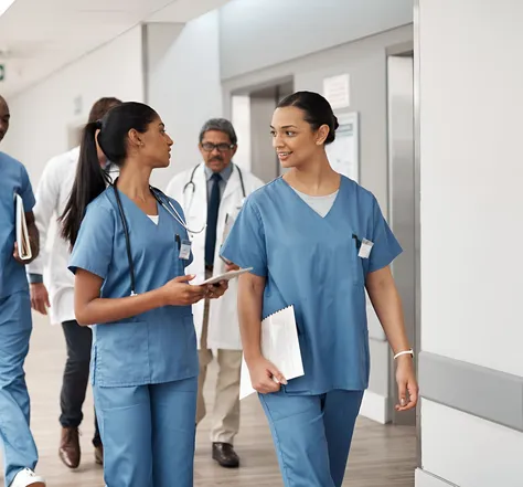 Photo de deux personnes en tenue hospitalière bleue en train de marcher et discuter dans un couloir hospitalier