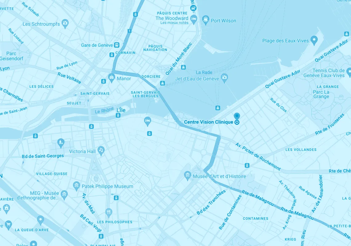 Image de la carte de Genève avec un point montrant la position de la clinique Vision