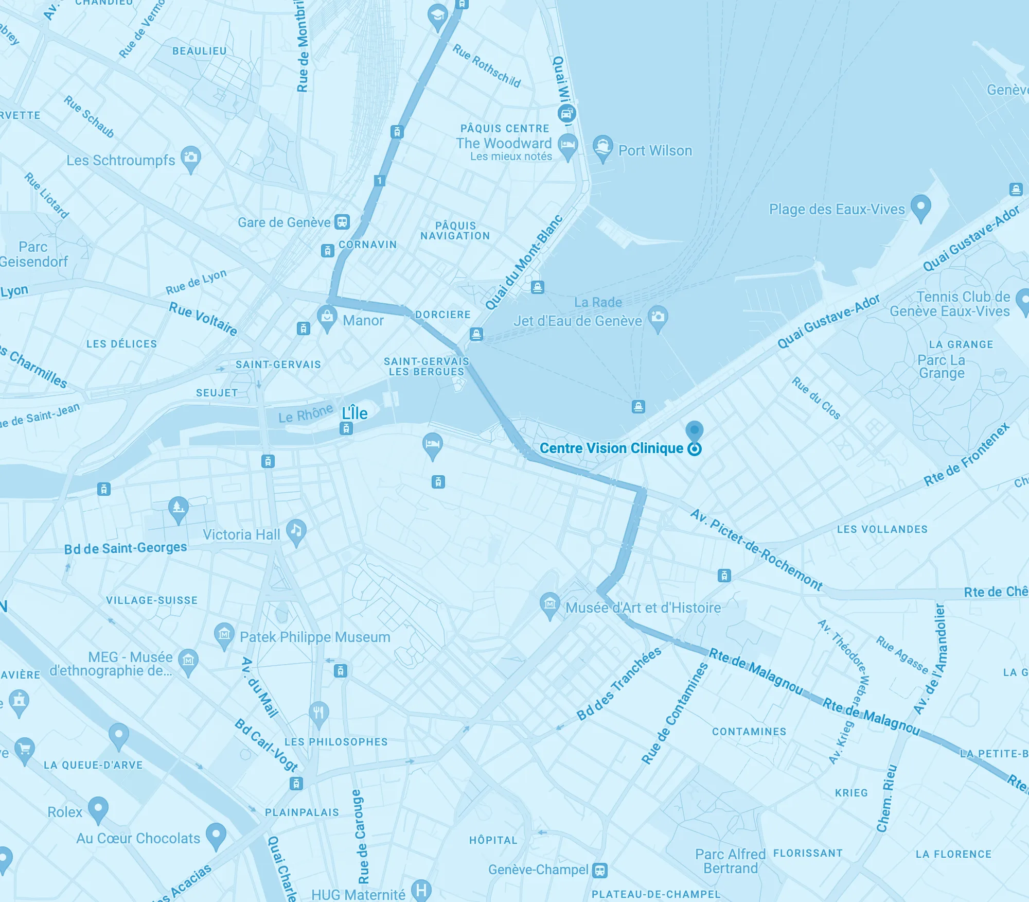 Image de la carte de Genève avec un point montrant la position de la clinique Vision